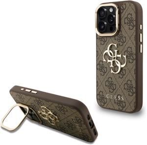 Guess PU 4G Metal Logo Stand Camera Frame kryt pre iPhone 15 Pro Max, hnedý