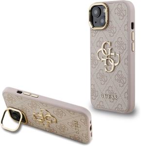 Guess PU 4G Metal Logo Stand Camera Frame kryt pre iPhone 15, ružový