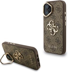 Guess PU 4G Metal Logo Stand Camera Frame kryt pre iPhone 16, hnedý