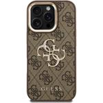 Guess PU 4G Metal Logo Stand Camera Frame kryt pre iPhone 16 Pro, hnedý