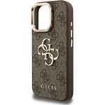 Guess PU 4G Metal Logo Stand Camera Frame kryt pre iPhone 16 Pro, hnedý