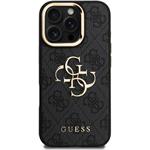 Guess PU 4G Metal Logo Stand Camera Frame kryt pre iPhone 16 Pro Max, čierny
