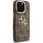 Guess PU 4G Metal Logo Stand Camera Frame kryt pre iPhone 16 Pro Max, hnedý