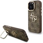 Guess PU 4G Metal Logo Stand Camera Frame kryt pre iPhone 16 Pro Max, hnedý