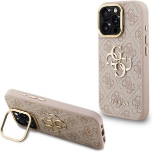 Guess PU 4G Metal Logo Stand Camera Frame kryt pre iPhone 16 Pro, ružový