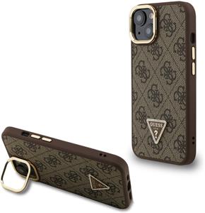 Guess PU 4G Strass Triangle Logo Stand Camera Frame MagSafe kryt pre iPhone 13, hnedý
