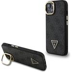 Guess PU 4G Strass Triangle Logo Stand Camera Frame MagSafe kryt pre iPhone 14, čierny