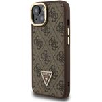 Guess PU 4G Strass Triangle Logo Stand Camera Frame MagSafe kryt pre iPhone 14, hnedý