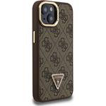 Guess PU 4G Strass Triangle Logo Stand Camera Frame MagSafe kryt pre iPhone 14, hnedý