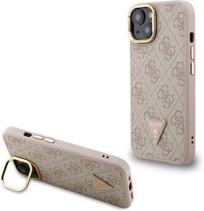 Guess PU 4G Strass Triangle Logo Stand Camera Frame MagSafe kryt pre iPhone 14, ružový