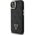 Guess PU 4G Strass Triangle Logo Stand Camera Frame MagSafe kryt pre iPhone 15, čierny