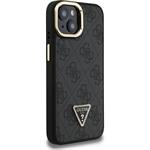 Guess PU 4G Strass Triangle Logo Stand Camera Frame MagSafe kryt pre iPhone 15, čierny