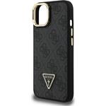 Guess PU 4G Strass Triangle Logo Stand Camera Frame MagSafe kryt pre iPhone 15, čierny