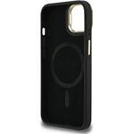 Guess PU 4G Strass Triangle Logo Stand Camera Frame MagSafe kryt pre iPhone 15, čierny