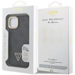 Guess PU 4G Strass Triangle Logo Stand Camera Frame MagSafe kryt pre iPhone 15, čierny