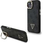 Guess PU 4G Strass Triangle Logo Stand Camera Frame MagSafe kryt pre iPhone 15, čierny