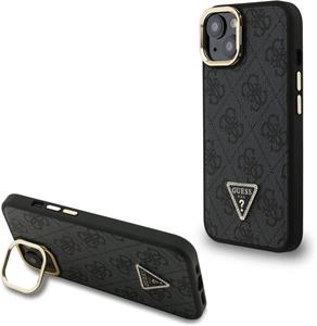 Guess PU 4G Strass Triangle Logo Stand Camera Frame MagSafe kryt pre iPhone 15, čierny