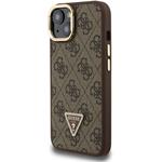 Guess PU 4G Strass Triangle Logo Stand Camera Frame MagSafe kryt pre iPhone 15, hnedý