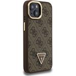 Guess PU 4G Strass Triangle Logo Stand Camera Frame MagSafe kryt pre iPhone 15, hnedý