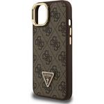 Guess PU 4G Strass Triangle Logo Stand Camera Frame MagSafe kryt pre iPhone 15, hnedý