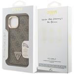 Guess PU 4G Strass Triangle Logo Stand Camera Frame MagSafe kryt pre iPhone 15, hnedý