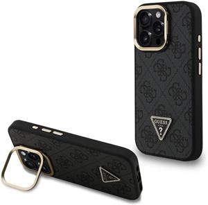 Guess PU 4G Strass Triangle Logo Stand Camera Frame MagSafe kryt pre iPhone 15 Pro, čierny