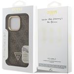 Guess PU 4G Strass Triangle Logo Stand Camera Frame MagSafe kryt pre iPhone 15 Pro, hnedý
