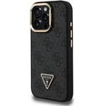 Guess PU 4G Strass Triangle Logo Stand Camera Frame MagSafe kryt pre iPhone 15 Pro Max, čierny