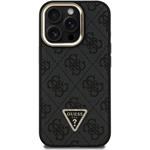Guess PU 4G Strass Triangle Logo Stand Camera Frame MagSafe kryt pre iPhone 15 Pro Max, čierny