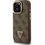 Guess PU 4G Strass Triangle Logo Stand Camera Frame MagSafe kryt pre iPhone 15 Pro Max, hnedý