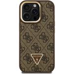 Guess PU 4G Strass Triangle Logo Stand Camera Frame MagSafe kryt pre iPhone 15 Pro Max, hnedý