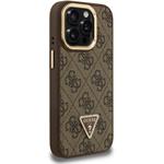 Guess PU 4G Strass Triangle Logo Stand Camera Frame MagSafe kryt pre iPhone 15 Pro Max, hnedý