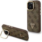 Guess PU 4G Strass Triangle Logo Stand Camera Frame MagSafe kryt pre iPhone 15 Pro Max, hnedý