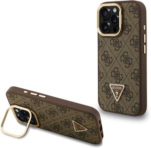 Guess PU 4G Strass Triangle Logo Stand Camera Frame MagSafe kryt pre iPhone 15 Pro Max, hnedý