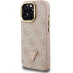 Guess PU 4G Strass Triangle Logo Stand Camera Frame MagSafe kryt pre iPhone 15 Pro Max, ružový