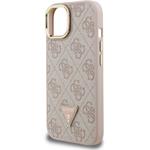 Guess PU 4G Strass Triangle Logo Stand Camera Frame MagSafe kryt pre iPhone 15, ružový