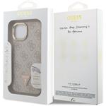 Guess PU 4G Strass Triangle Logo Stand Camera Frame MagSafe kryt pre iPhone 15, ružový