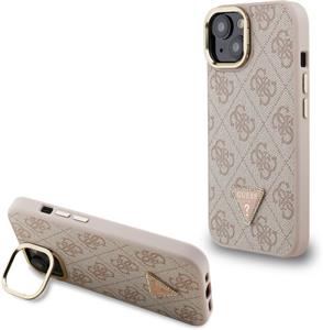 Guess PU 4G Strass Triangle Logo Stand Camera Frame MagSafe kryt pre iPhone 15, ružový