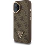 Guess PU 4G Strass Triangle Logo Stand Camera Frame MagSafe kryt pre iPhone 16, hnedý