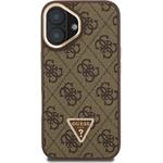 Guess PU 4G Strass Triangle Logo Stand Camera Frame MagSafe kryt pre iPhone 16, hnedý