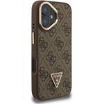 Guess PU 4G Strass Triangle Logo Stand Camera Frame MagSafe kryt pre iPhone 16, hnedý