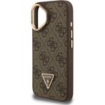 Guess PU 4G Strass Triangle Logo Stand Camera Frame MagSafe kryt pre iPhone 16, hnedý
