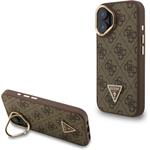 Guess PU 4G Strass Triangle Logo Stand Camera Frame MagSafe kryt pre iPhone 16, hnedý