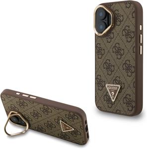 Guess PU 4G Strass Triangle Logo Stand Camera Frame MagSafe kryt pre iPhone 16, hnedý