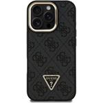 Guess PU 4G Strass Triangle Logo Stand Camera Frame MagSafe kryt pre iPhone 16 Pro, čierny