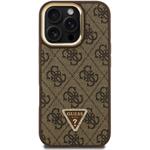 Guess PU 4G Strass Triangle Logo Stand Camera Frame MagSafe kryt pre iPhone 16 Pro, hnedý