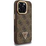 Guess PU 4G Strass Triangle Logo Stand Camera Frame MagSafe kryt pre iPhone 16 Pro Max, hnedý