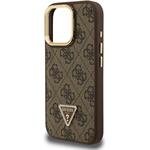 Guess PU 4G Strass Triangle Logo Stand Camera Frame MagSafe kryt pre iPhone 16 Pro Max, hnedý