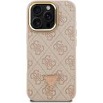 Guess PU 4G Strass Triangle Logo Stand Camera Frame MagSafe kryt pre iPhone 16 Pro, ružový
