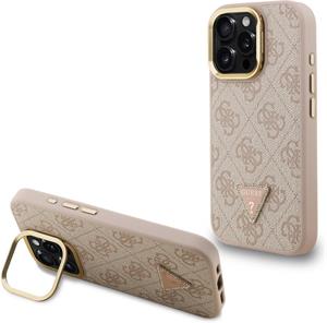 Guess PU 4G Strass Triangle Logo Stand Camera Frame MagSafe kryt pre iPhone 16 Pro, ružový